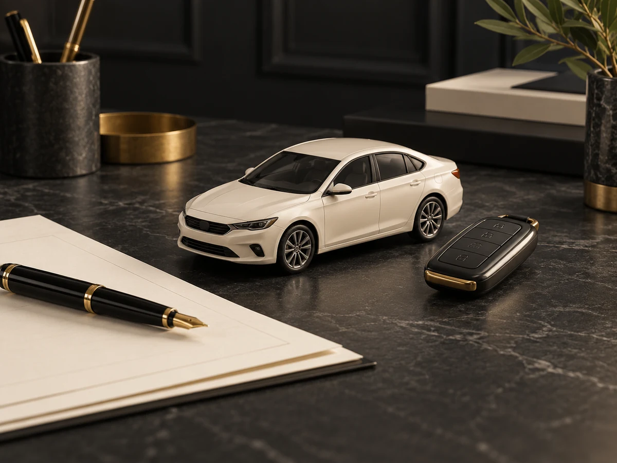 Ivory car model and black car key beside blank purchase papers and a fountain pen on dark stone