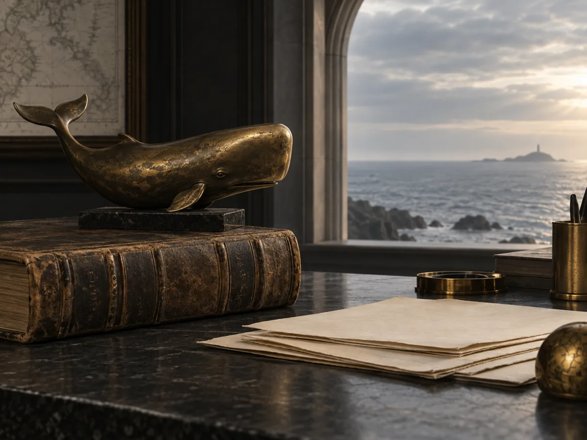 Brass whale sculpture, old casebook, and ivory papers beside an ocean view