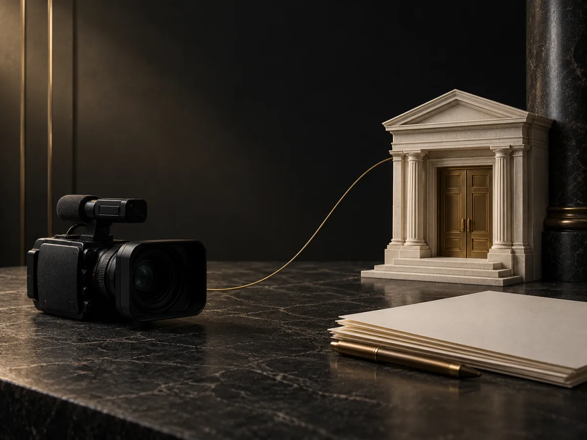 Black video camera, civic doorway model, and blank legal papers on dark stone