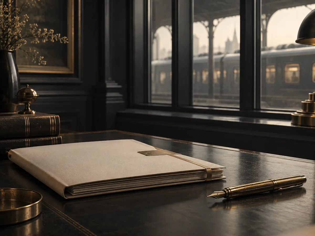 Closed ivory case file and fountain pen beside a window with a distant railway reflection