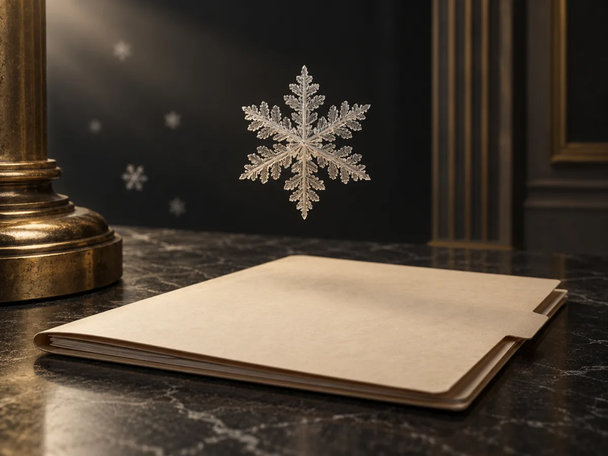 A unique ivory snowflake suspended above a blank case folder