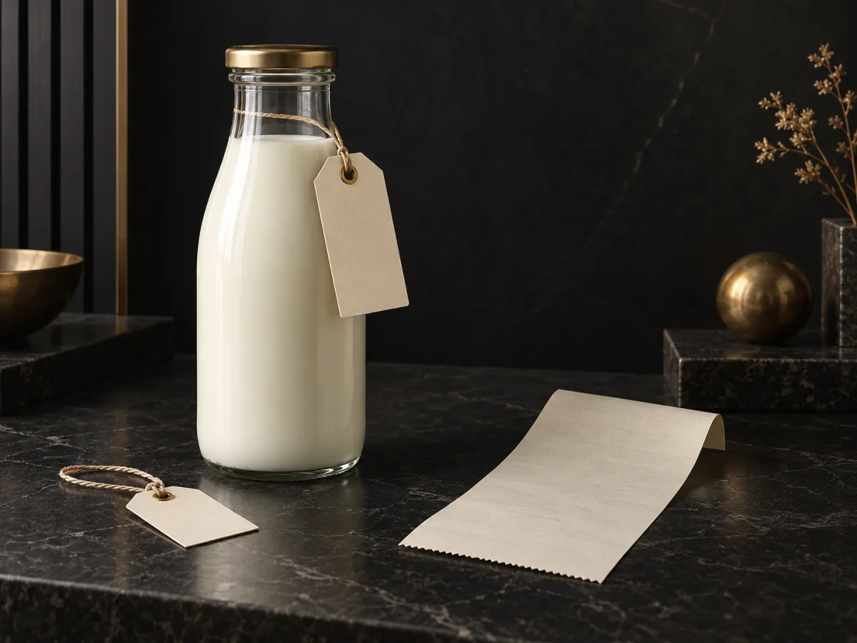 Glass milk bottle with blank price tags and an ivory receipt on dark stone