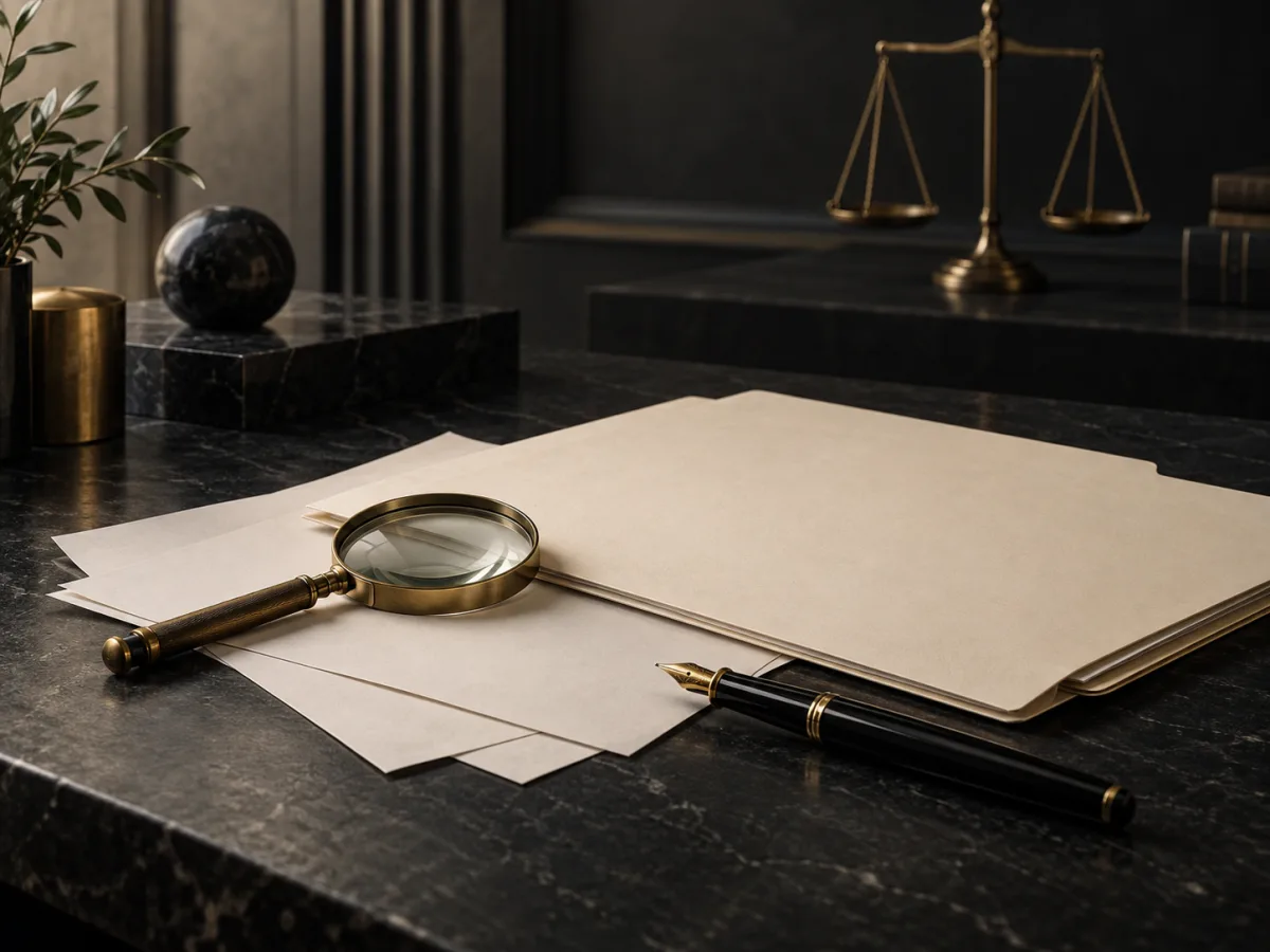Case folder, evidence papers, brass magnifying glass, and fountain pen