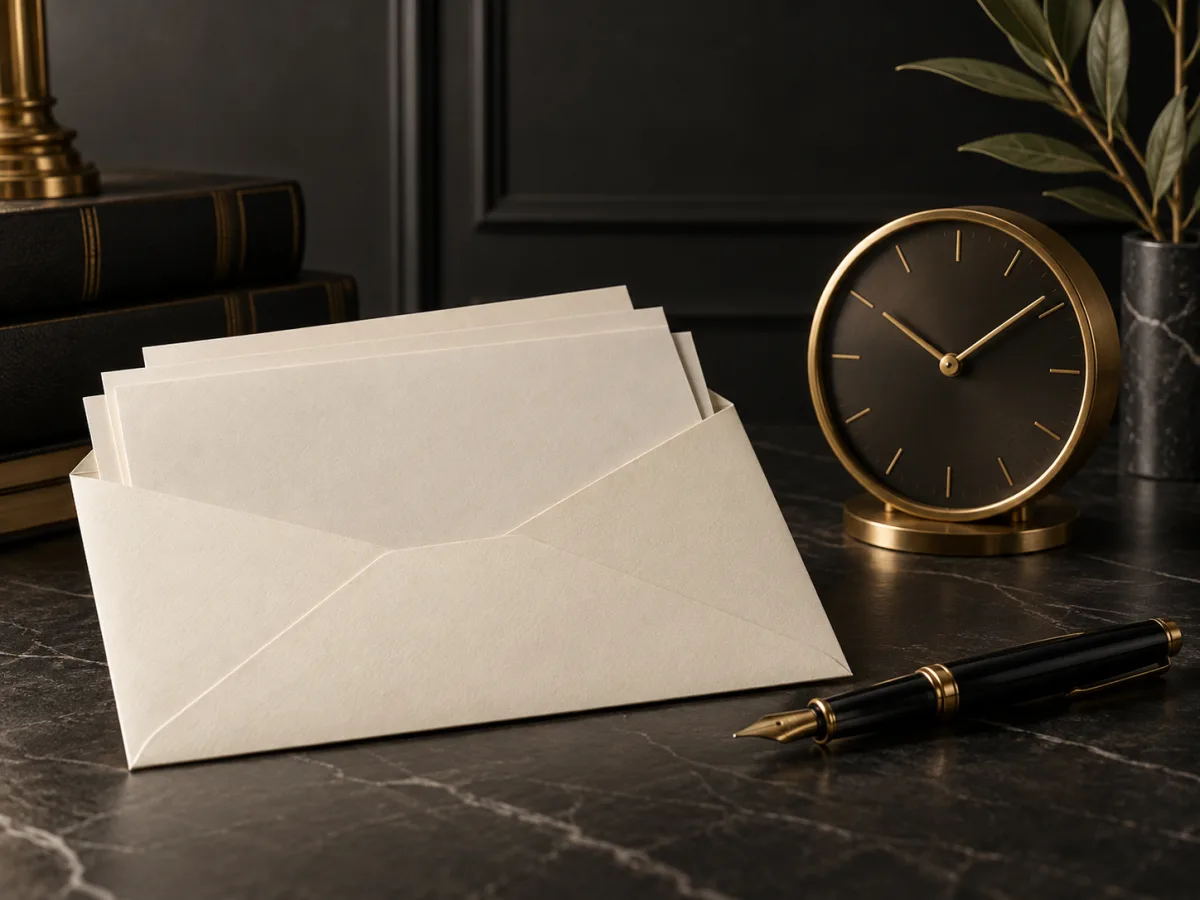 Opened envelope of court papers beside a brass clock and black fountain pen
