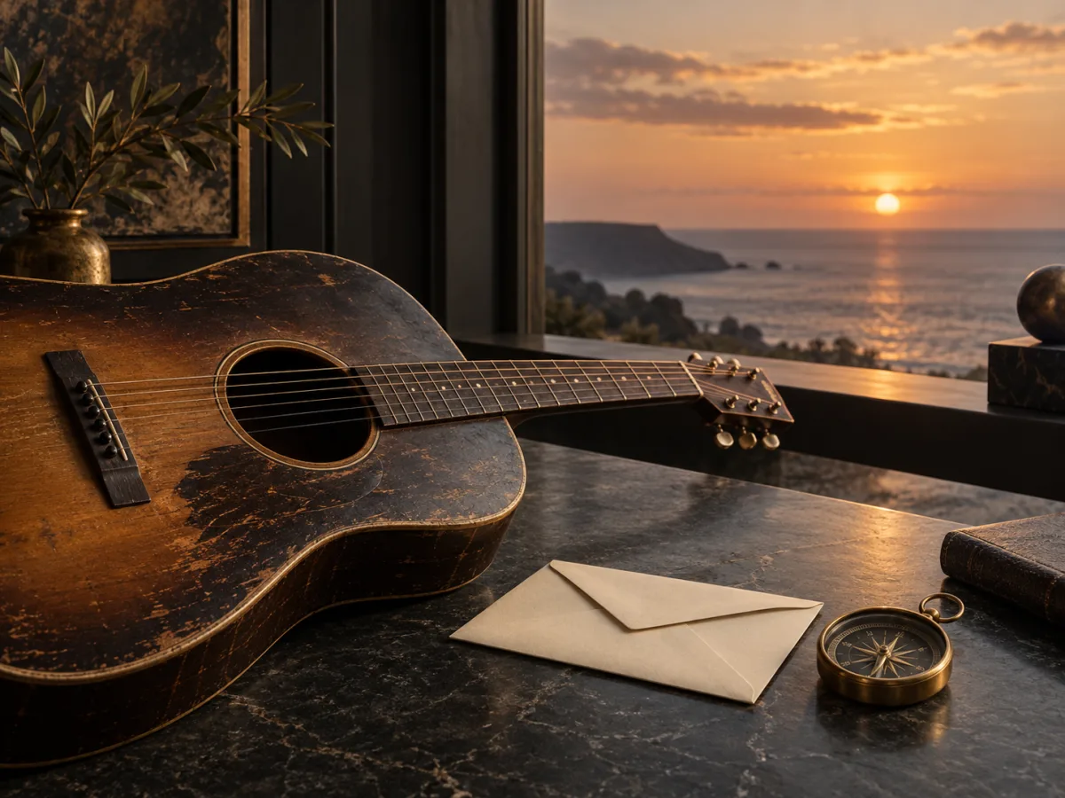 Acoustic guitar, ivory envelope, and brass compass beside a quiet ocean view