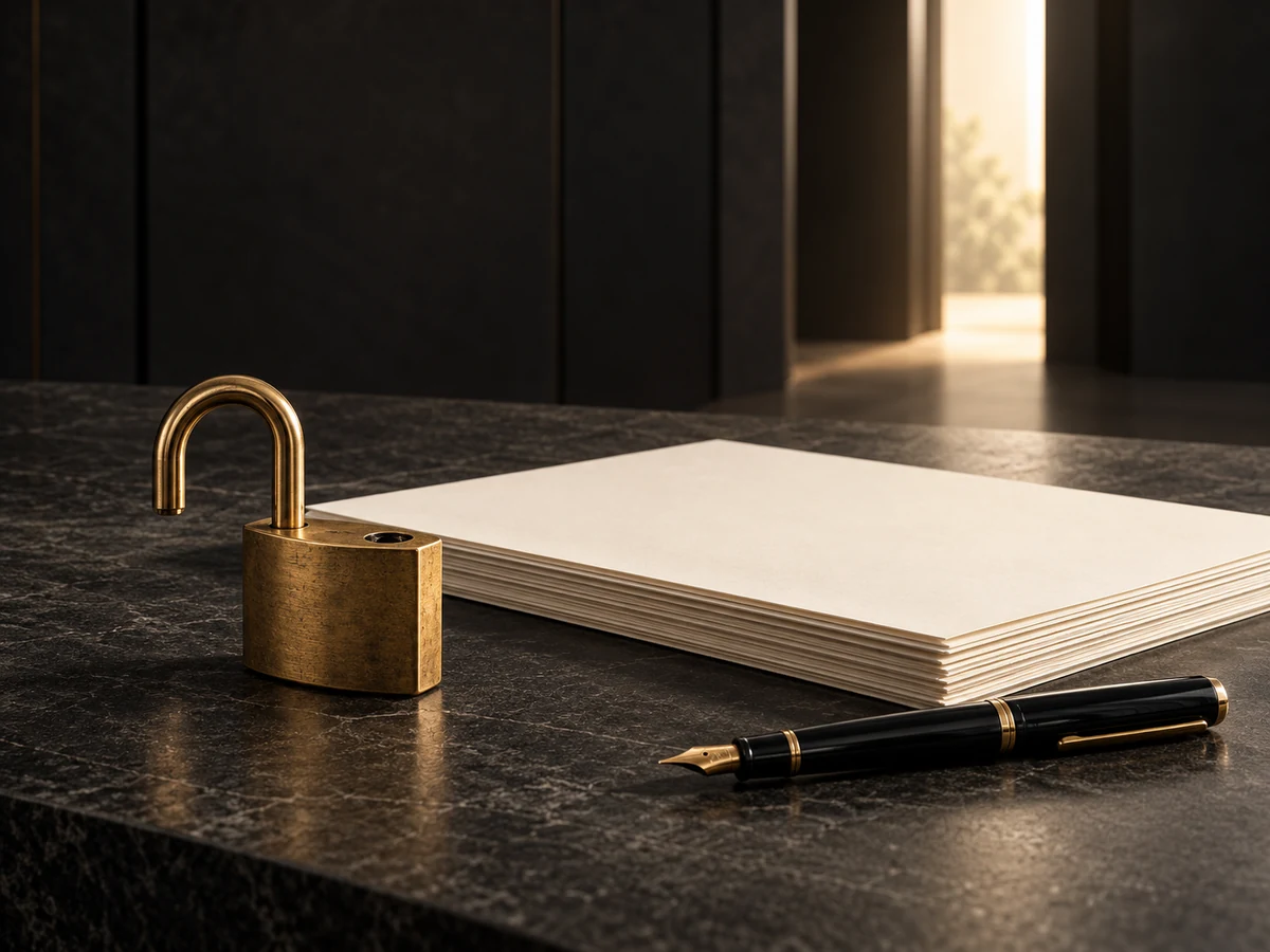 Open brass padlock beside ivory financial papers and a fountain pen, with warm light through a doorway