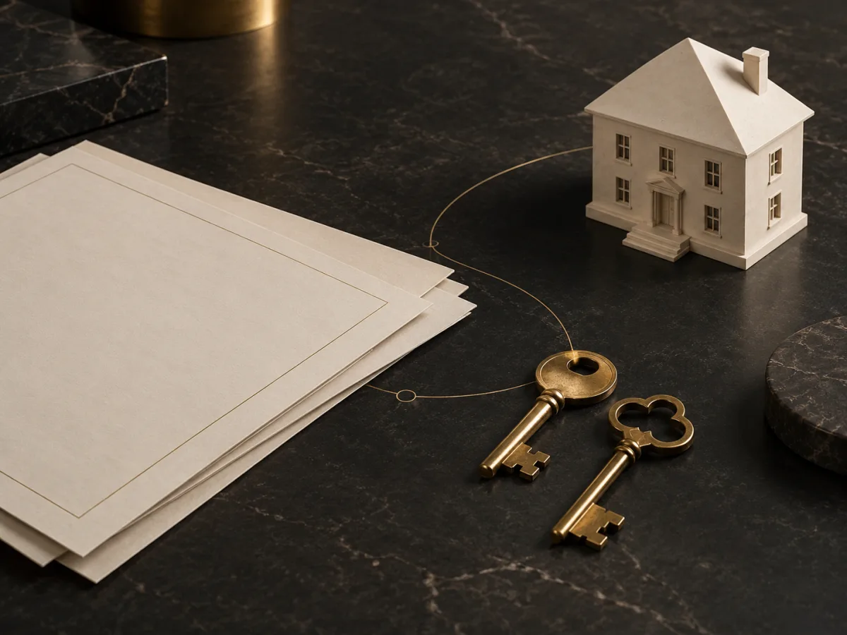 Ivory house model, layered contract papers, and two brass keys on dark stone