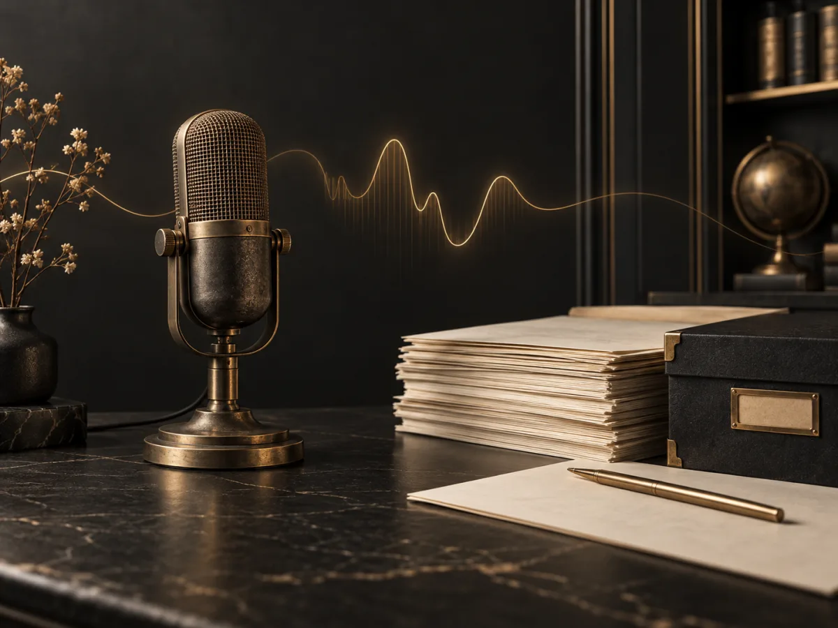 Brass microphone, archival papers, and a golden waveform against a dark background