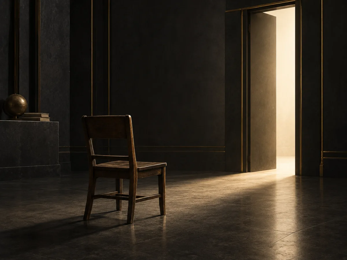 Empty wooden chair facing an open doorway and a quiet beam of light