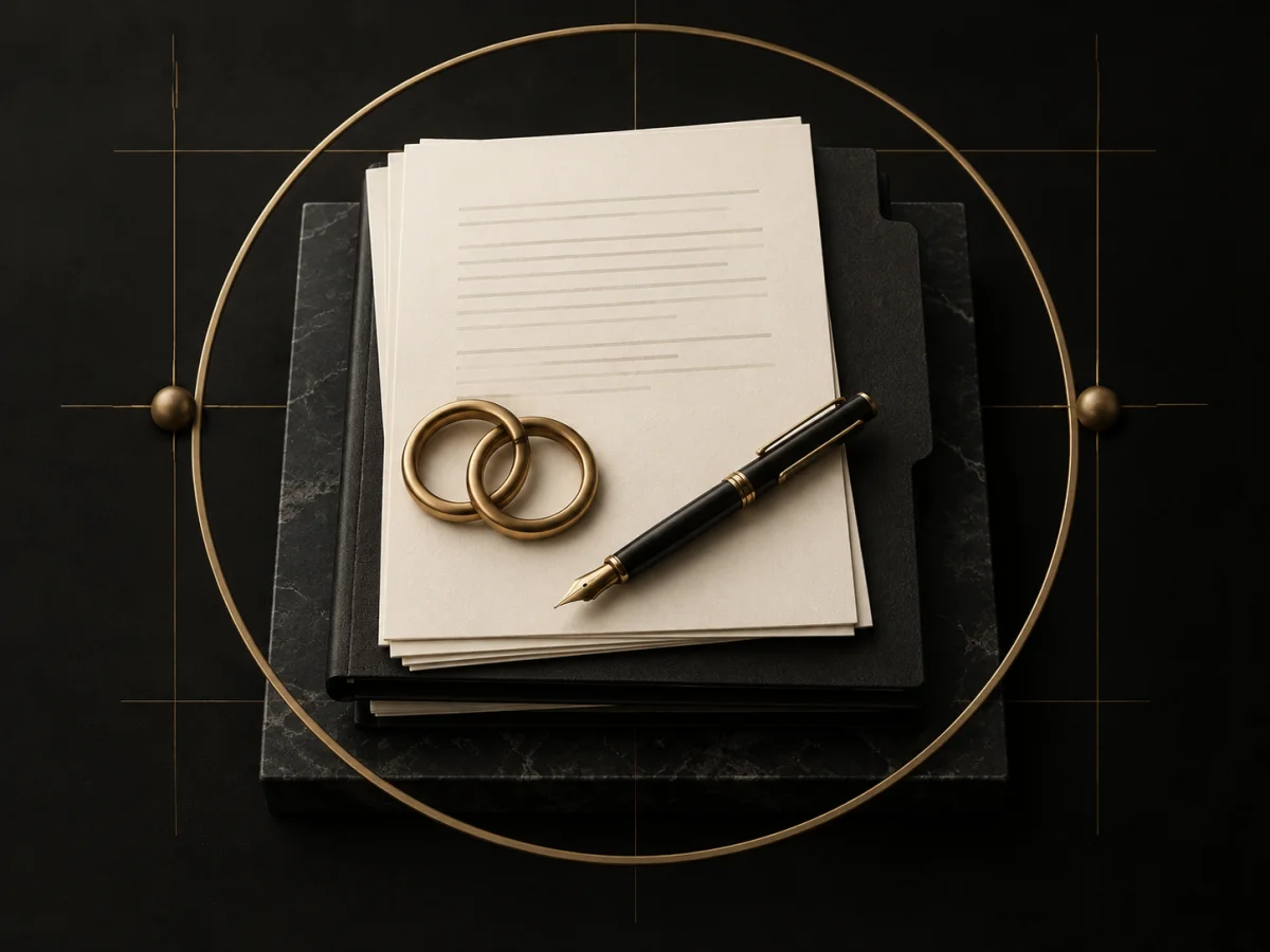 Contract papers, document folders, a fountain pen, and interlocking gold rings in black, ivory, and gold